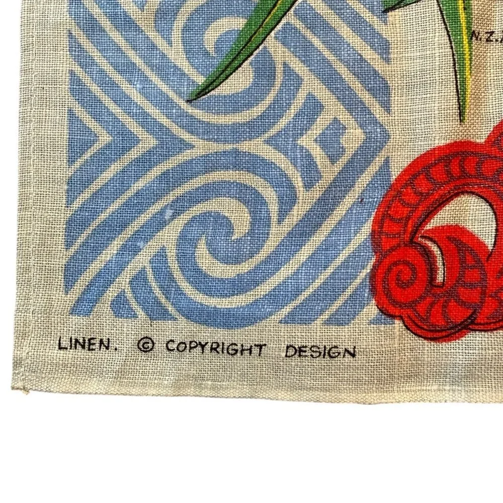 VTG Unused New Zealand Linen‎ Tea Towel Birds Flowers Map Design Souvenir Retro